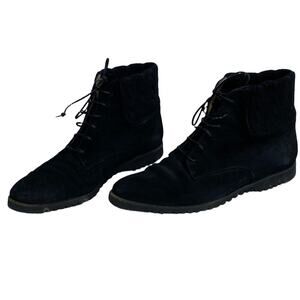 Salvatore Ferragamo Rodney Black Suede Ankle Boots, Size 7.5, Lace-Up Booties